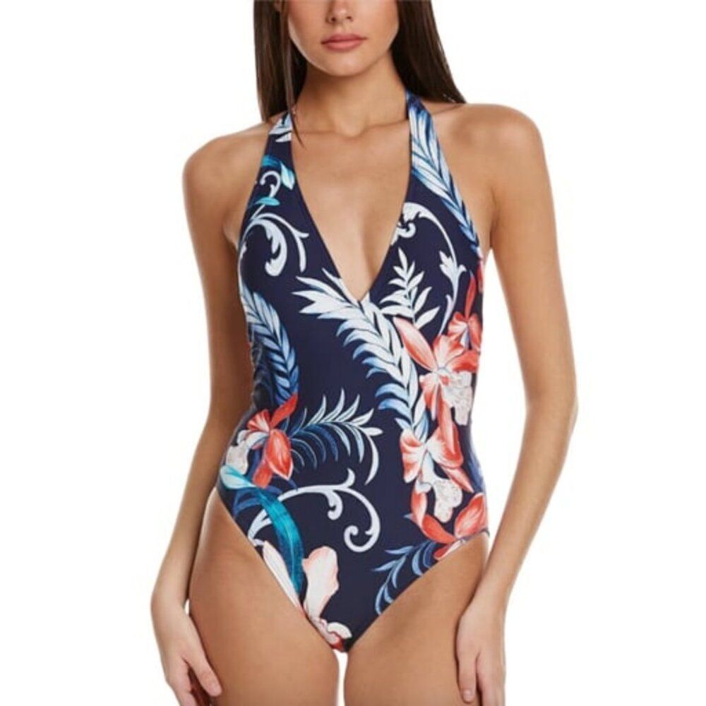 Carmen Marc Valvo Blue V-Neck Halter One Piece Swimsuit Size 14